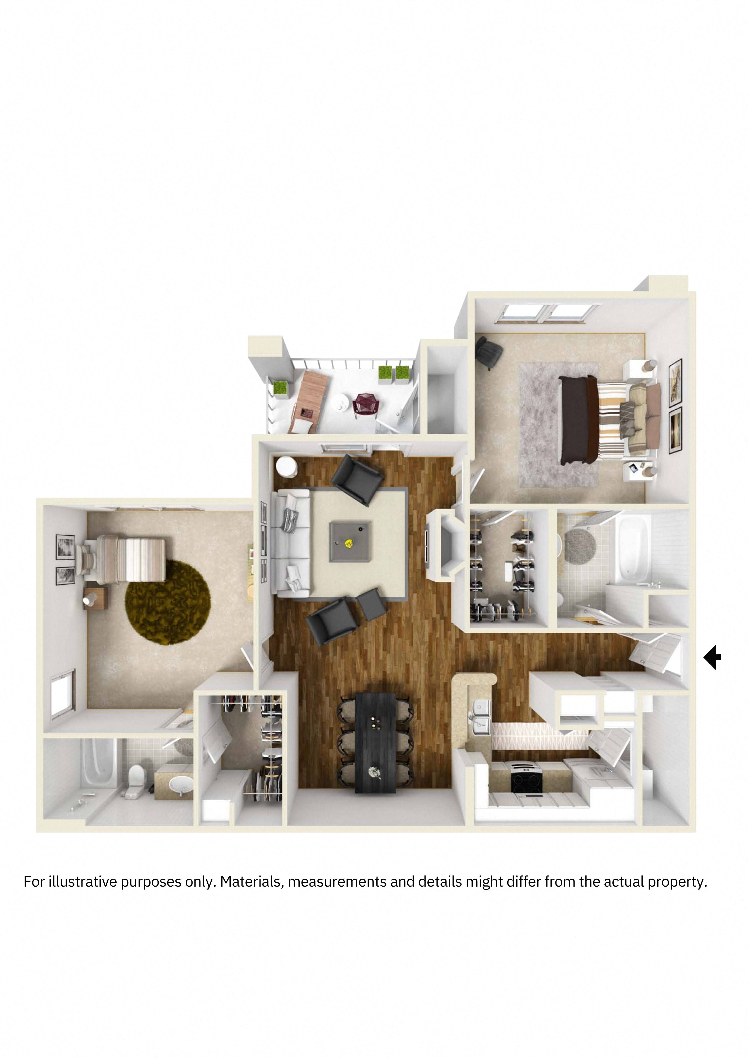 Floor plan for 2 beds, 2 baths, 1180 sqft
